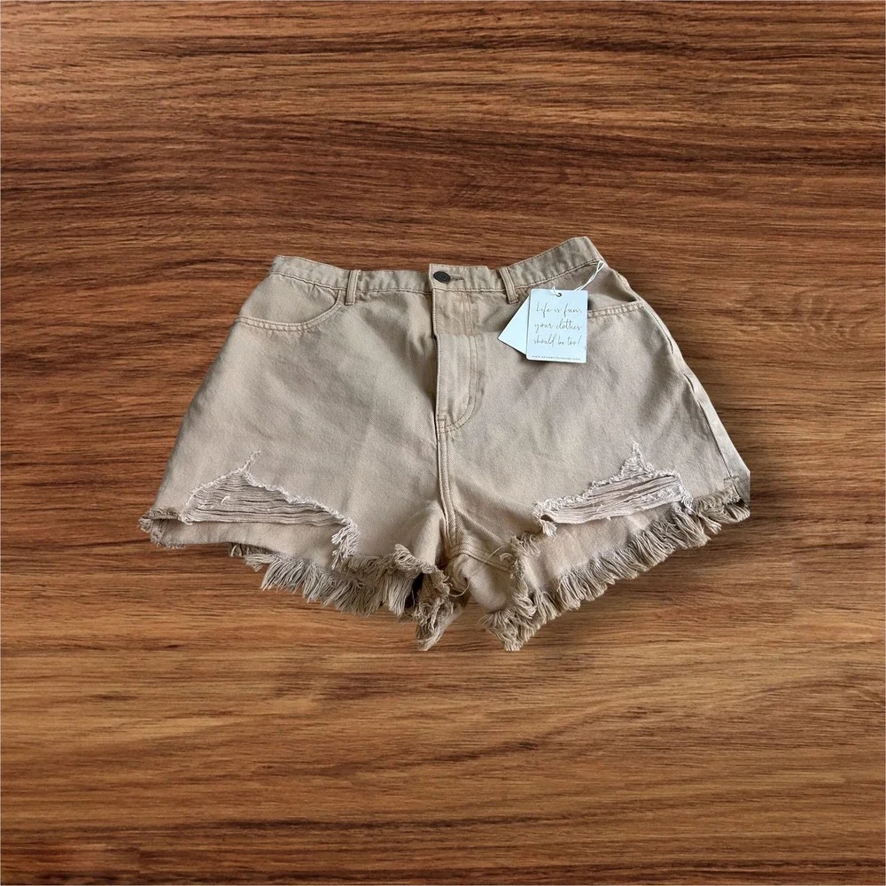 NWT Mumu‎ Denim Shorts Distressed Frayed Hem High Waist Casual Tan Sz 29  6/8
